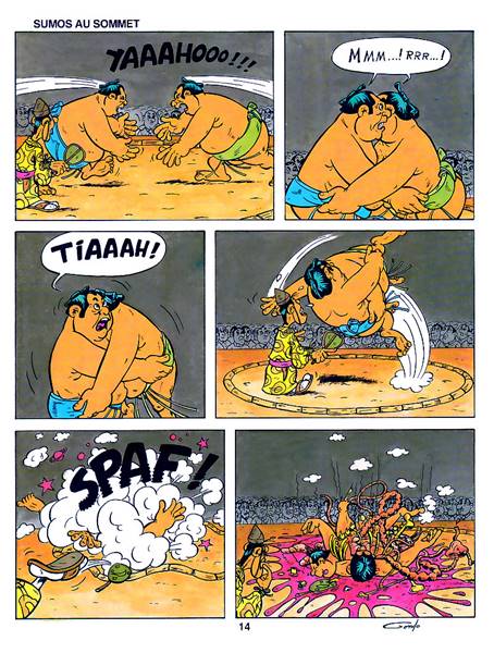 bande déssinée sur deux sumo japonais qui s'écrase en tombant