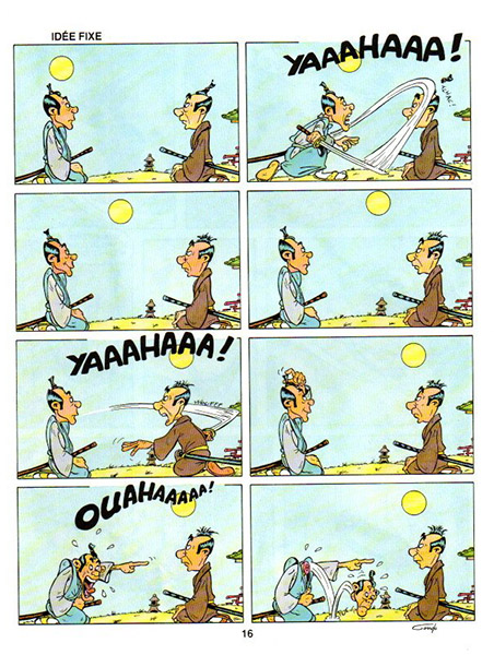 Planche BD humour noir où deux samouraîs face à face s'observe avant qu'un samouraï coupe la tête de l'autre