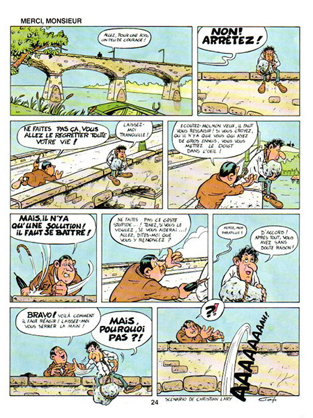 sur un pond un homme veux se sucider quant un autre homme essaye de l'en dissuader