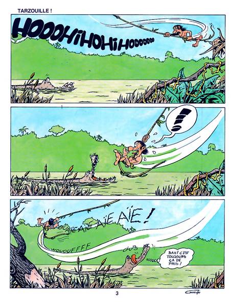 humour noir bande dessinée sur Tarzan sur une liane qui se fait mangé les robignolles par un crocodile