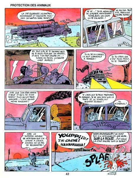 bande dessinée d'un enfant déguisé en hérisson et qui se fait écrser par un camion