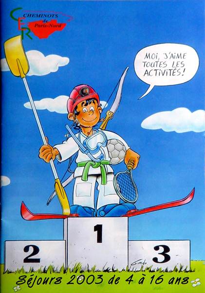 dessin d'un enfant en kimono de judo sur un podium  tenant plein d'articles de sport