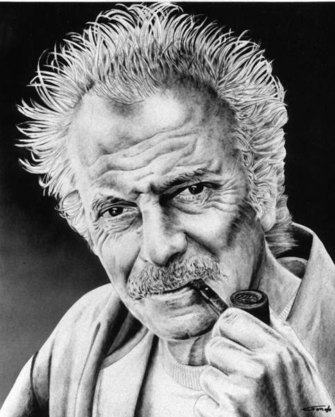 portrait de Georges Brassens au crayon en train de fumer sa pipe