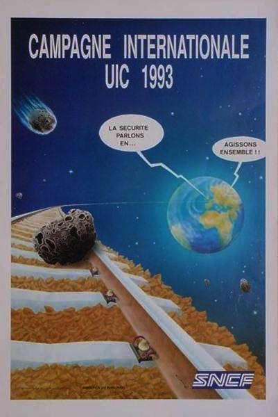 affiche montrant dans l'univer des rails qui sortent de la terre avec des m�teors en train de tomber