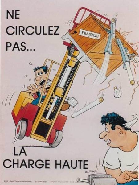 peinture acrylique a l'aerographe d'une affiche ne pas circuler en fenwick avec des charges hautes