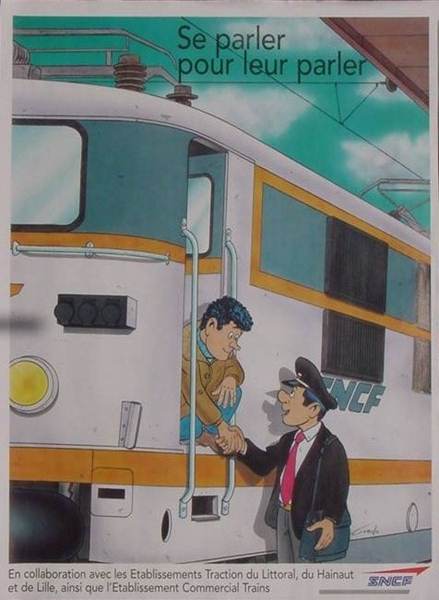 peinture d'un conducteur sur sa machine �lectrique qui sert la main au controleur reste sur le quai