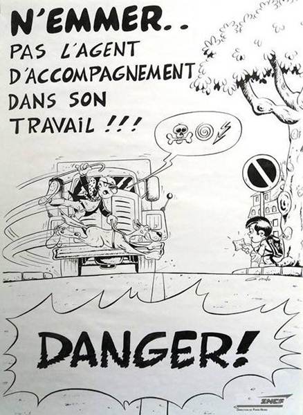 affiche SNCF a l'encre de chine ou un aveugle avec son chien va se faire �craser par un camion