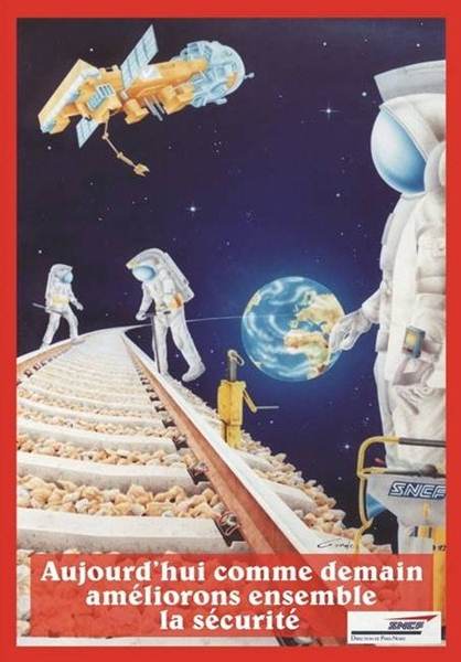 affiche dans l'espace des cosmaunautes travaillent sur les voies qui sortent de la terre au loin