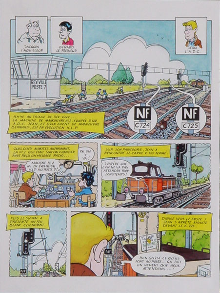 planche de bandes d�ssin�es en couleur sur la s�curit� sncf sur les voies entre le conducteur et les aiguilleurs