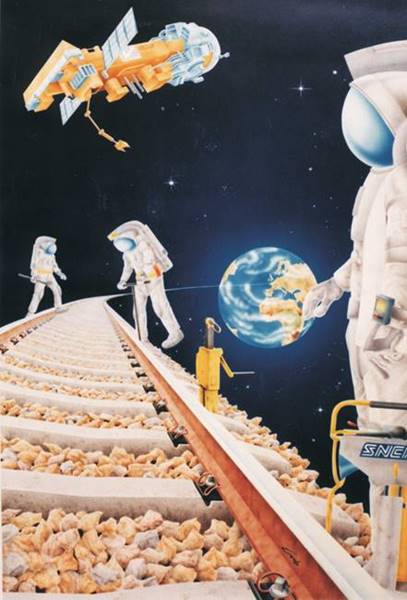 peinture acrylique futuriste de cosmonautes cheminots dans l'espace qui travaillent sur les voies dans l'espace