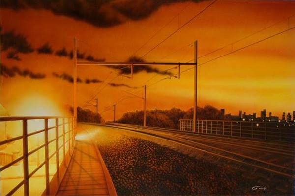 peinture acrylique � l'a�rographe de voies sncf sur un coucher de soleil