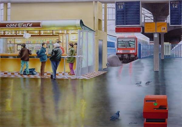 peinture acrylique � l'a�rographe de l'interieur de la gare de l'EST au petit matin ou quelques voyageurs prennent leur caf�