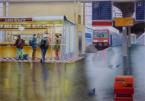 peinture acrylique � l'a�rographe de l'interieur de la gare de l'EST au petit matin ou quelques voyageurs prennent leur caf�