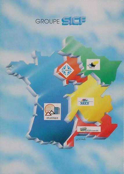 peinture acrylique � l'a�rographe affiche sur le groupe SCIF ou on voit les regions de la france decoupees sur un fond de ciel bleu