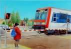 peinture acrylique a l'aerographe d'un train sur un passage a niveau pendant qu'une personne et une voitures attendent