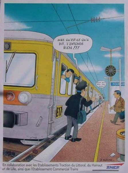 dessin en couleur d'un train inox en gare et sur le quai le controleur qui regarde les voyageurs monter