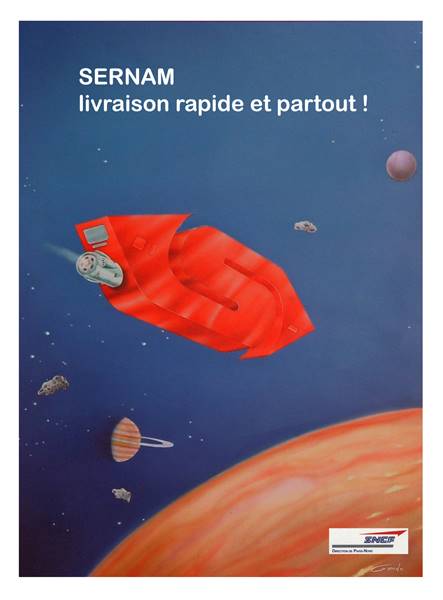 affiche acrylique avec le logo du sernam voyageant dans le cosmos