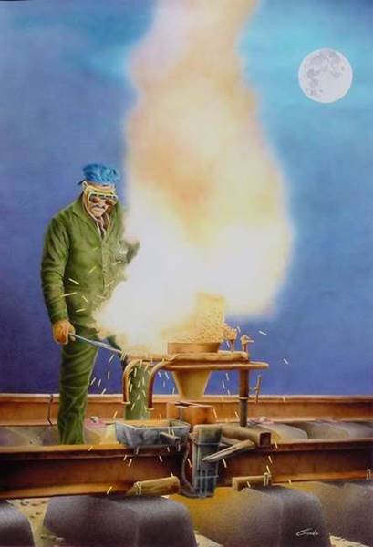 peinture acrylique � l'a�rographe d'un cheminot soudant un rail la nuit
