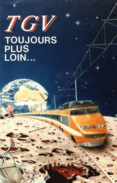 peinture acrylique � l'a�rographe d'un TGV orange roulant sur la lune avec en arriere plan la terre