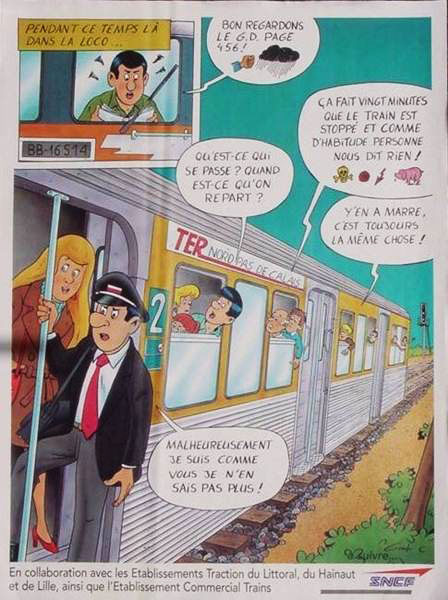 peinture d'un train � l'arr�t en pleine voie ou les voyageurs se demandent se qui se passe