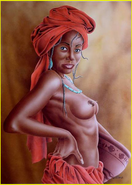 peinture aérographe d'une jeune femme africaine le buste dénudé, avec un collier turquoise et coiffé d'un turban rouge