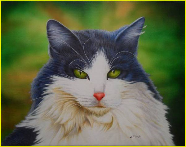 peinture à l'aérographe d’une tête de chat aux longs poils avec des yeux verts sur un fond vert non uni