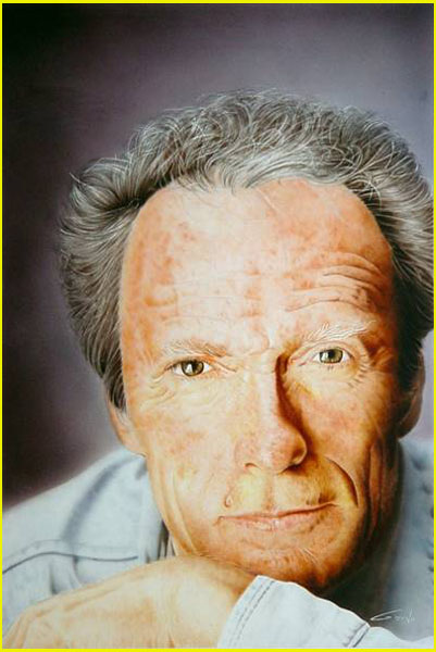 Portrait réalisé avec un aérographe de Clint Eastwood vu de face nous regardant, portant une veste en jean
