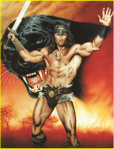 peinture de conan le barbare par Schwarzenegger et une panthère noire l'air menaçante sur un fond en flamme