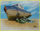 peinture aérographe d'un bateau de pêche échoué sur une plage sablonneuse, posé sur des rochers couverts d’algues