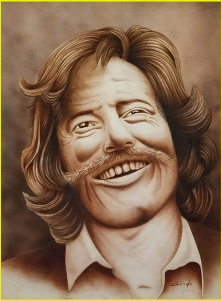 Portrait sépia à l’aérographe de Jean Ferrat regardant légèrement en l'air sur un fond sépia nuancé