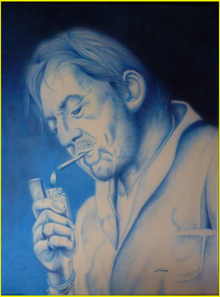 peinture monochrome de gainsbourg en train d'allumer sa cigarette sur un fond également monochrome bleu