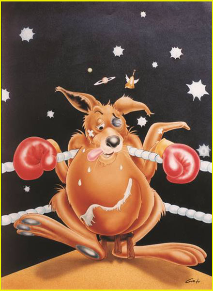 Peinture humoristique à l'aérographe d'un kangourou amoché sur un ring sur un tabouret avec des gants de boxe