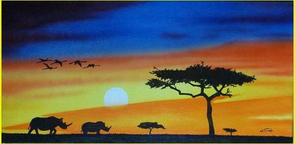 peinture à l'aérographe d'un coucher de soleil africain avec des silhouettes de rhinocéros et d'arbres 