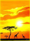 peinture aérographe de la savane africaine dans un coucher de soleil avec des arbres et des girafes en silhouettes
