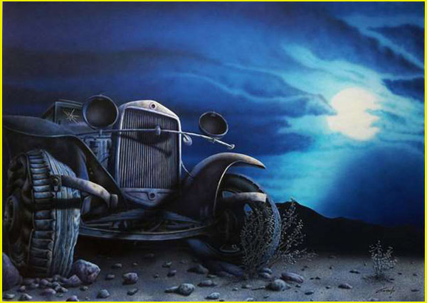 Peinture aérographe d’une vieille carcasse de voiture échouée dans un désert la nuit au clair de lune