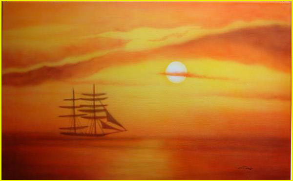 Tableau à l'aérographe d’une silhouette de voilier à deux mats sous un coucher de soleil sur une mer orangée