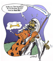 la faucheuse attaqu�e par un gros chien qui lui veut un os