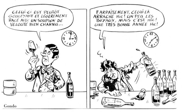 dessin en deux images d'un homme qui goute du vin et qui est ensuite saoul
