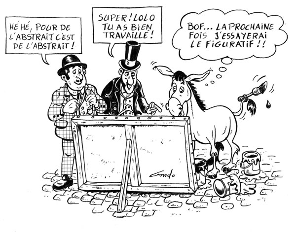 dessin de deux hommes et d'un ane qui vient de peindre un tableau avrc sa queue