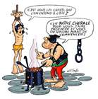 dessin humoristique d'un boureau qui va torturer un homme suspendu