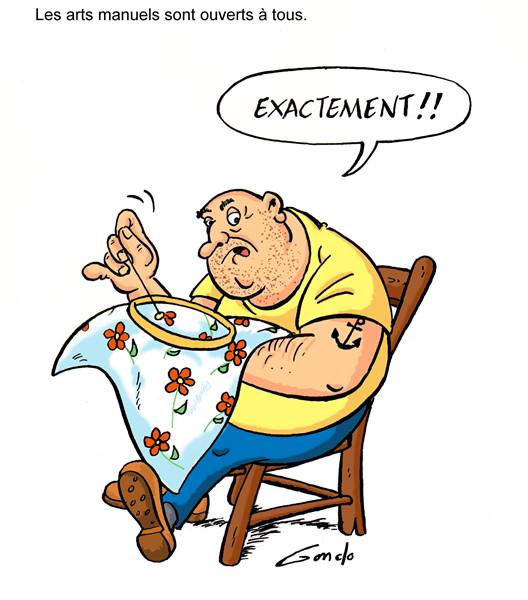 dessin d'un homme assi sur une chaise en train de broder avec raffinement