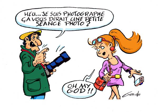 dessin d'un photographe qui propose a une jeune femme de lui faire une photo