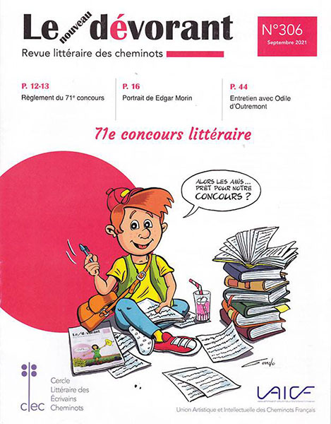 dessin d'un enfant assit pour ecrire un texte pres d'une pile de livre