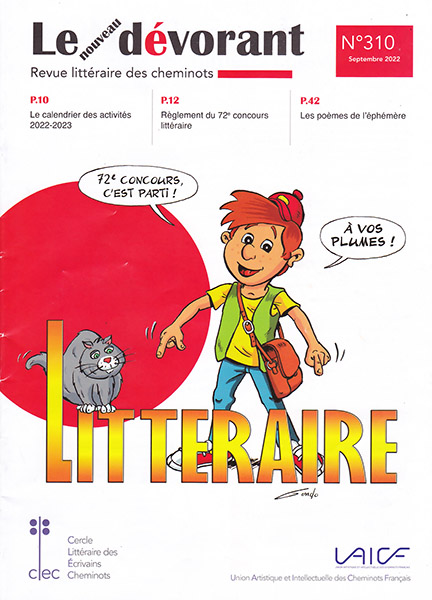 dessin d'un enfant avec son chat qui montre un panneau en forme de texte litteraire