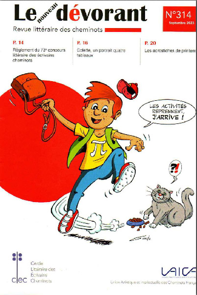 dessin d'un enfant presse qui cour en laissant son chat etonne