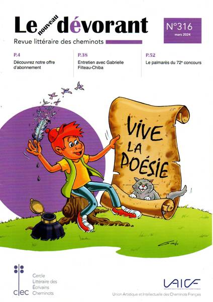 dessin d'un enfant qui écrit vive la poesie sur un énorme parchemin