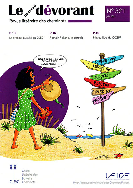 dessin d'une jeune femme sur le sable qui regarde les panneaux de directions pour choisir une activité