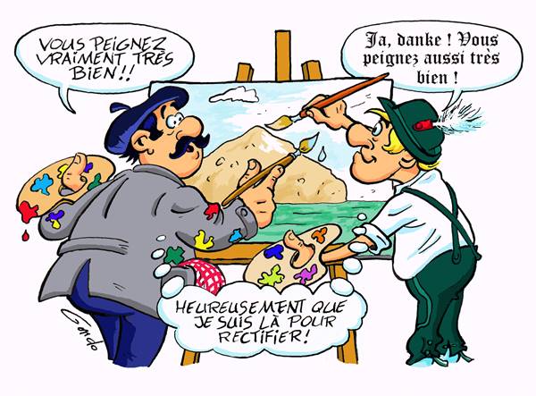 dessin de deux peintres qui peignent sur la même toile posée sur un chevalet