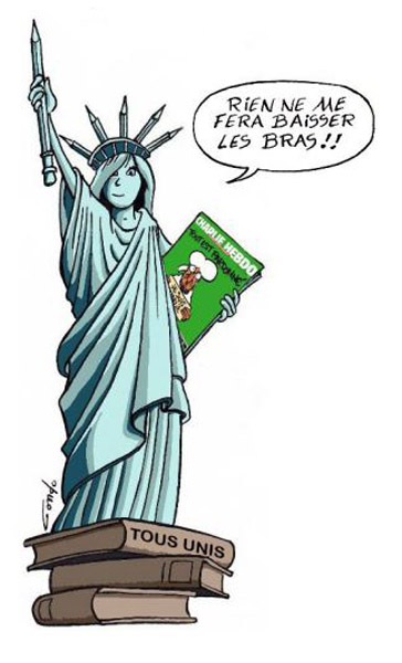 dessin de la statue de la liberté avec sous le bras la revue Charlie hebdo