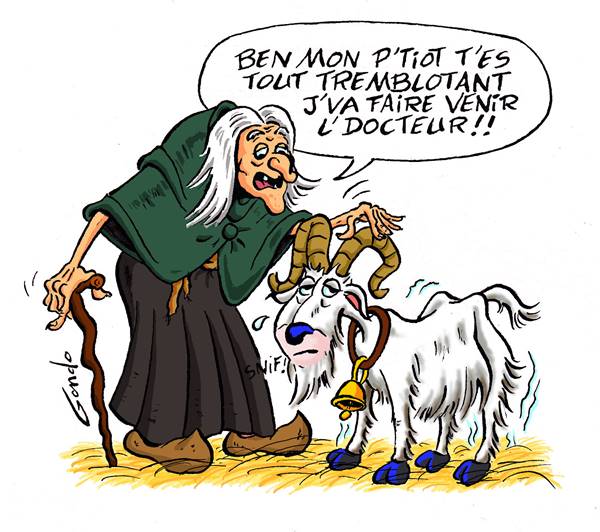dessin d'une vieille femme appuyée sur une canne carresse une chevre blanche qui est malade